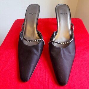 Satin and Rhinestone Kitten Heel Slide in Black- Size 9.5